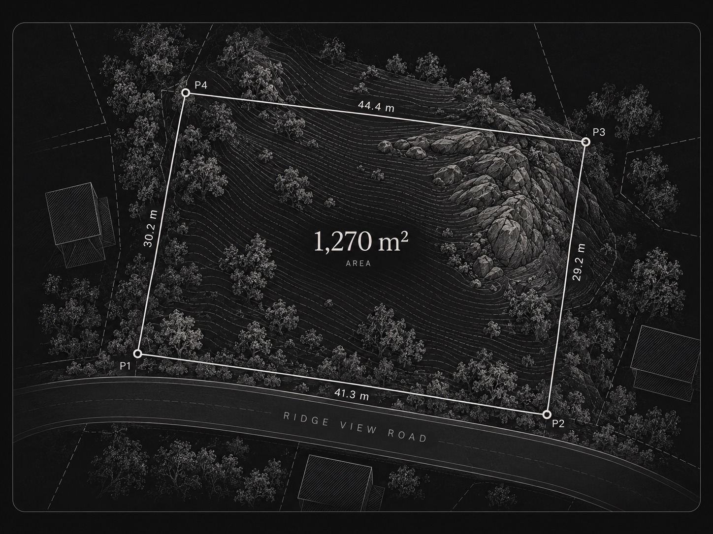 Aerial plan of the example lot with its four sides measured (44.4 m, 29.2 m, 41.3 m, 30.2 m) and area of 1,270 square metres